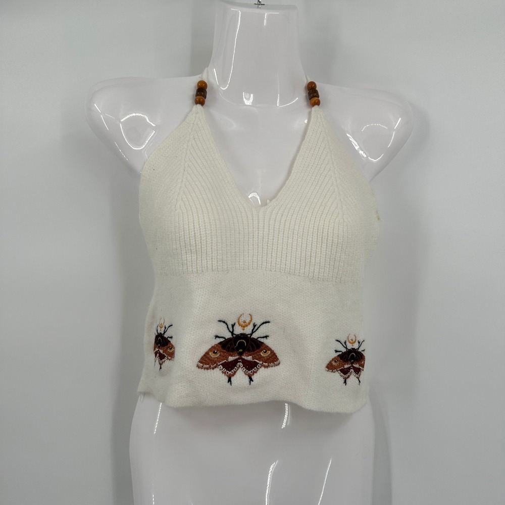 Womens Fairy Coquette Knit Halter Top Sz XS Butterfly Moth Festival Hippie Boho